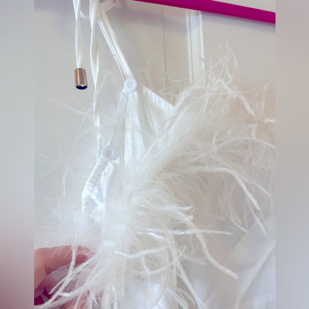NWT! Nasty Gal Feather Trim Satin Nighty Slip Dress in White - Picture 8 of 11